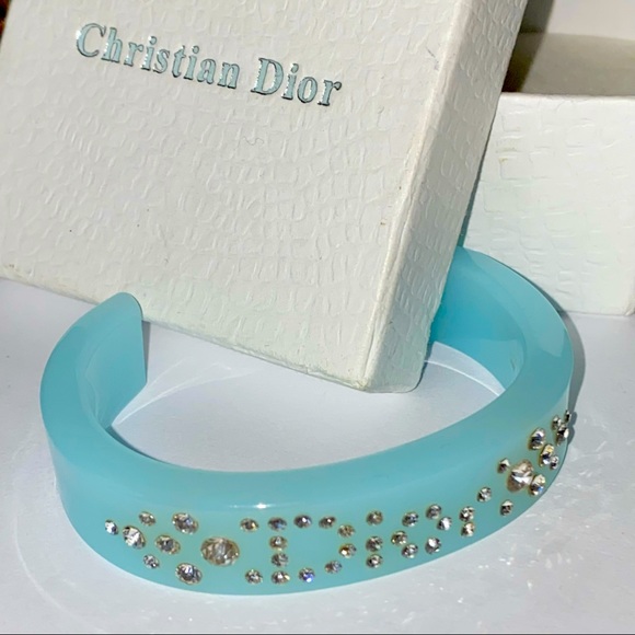 RARE Dior Tiffany Blue & Austrian Crystals Logo Cuff Bracelet with Box - Picture 1 of 3
